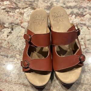 Sanita Women's Brown Leather Mules with Buckle Straps